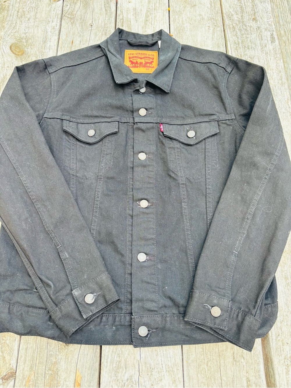 Levi's Strauss Cotton Black Denim Trucker Jacket with Red Tab size Large